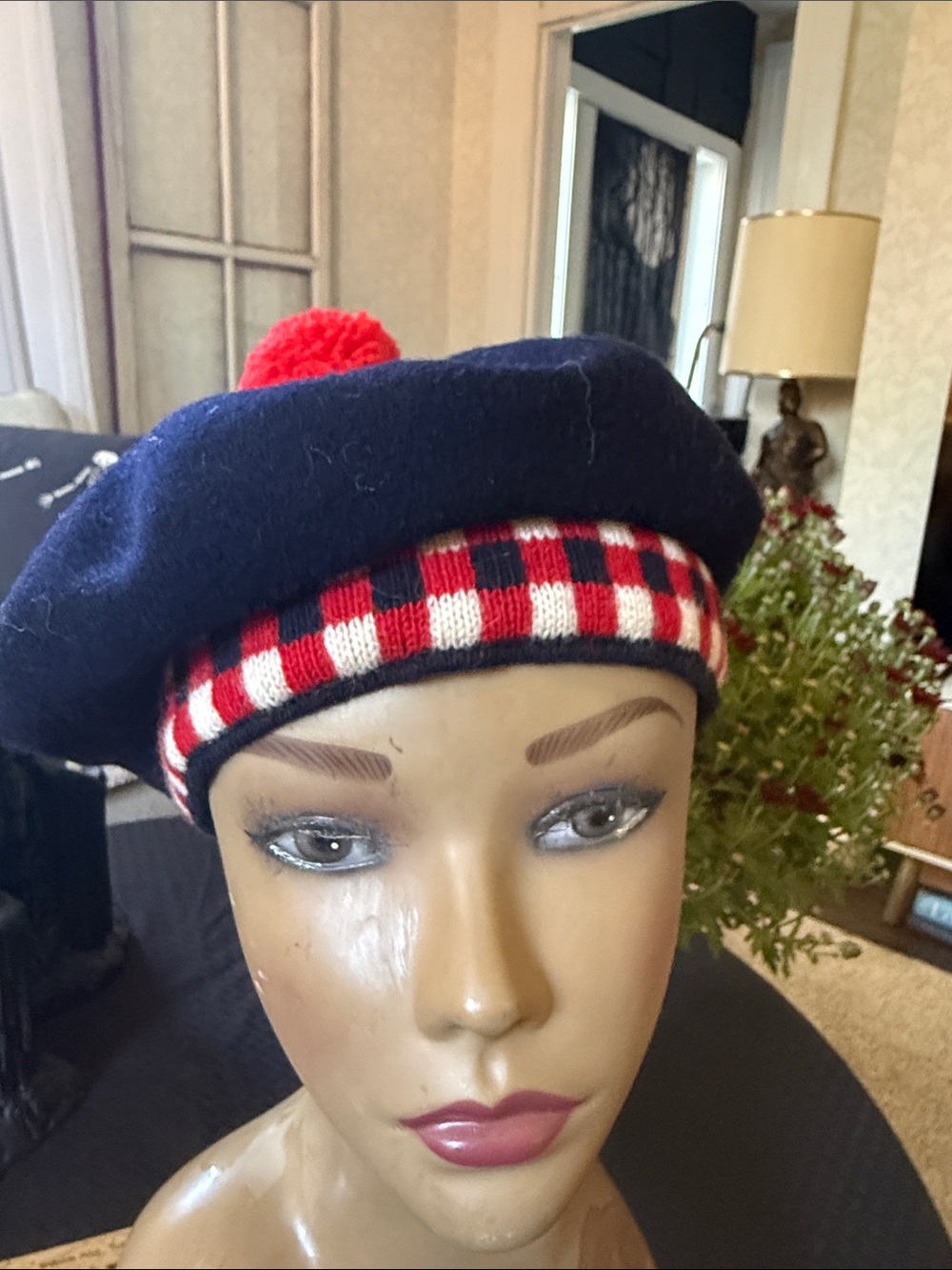 Vintage Fleur De Lis Biltmore Curling Tam Navy Wool Red Pom Large